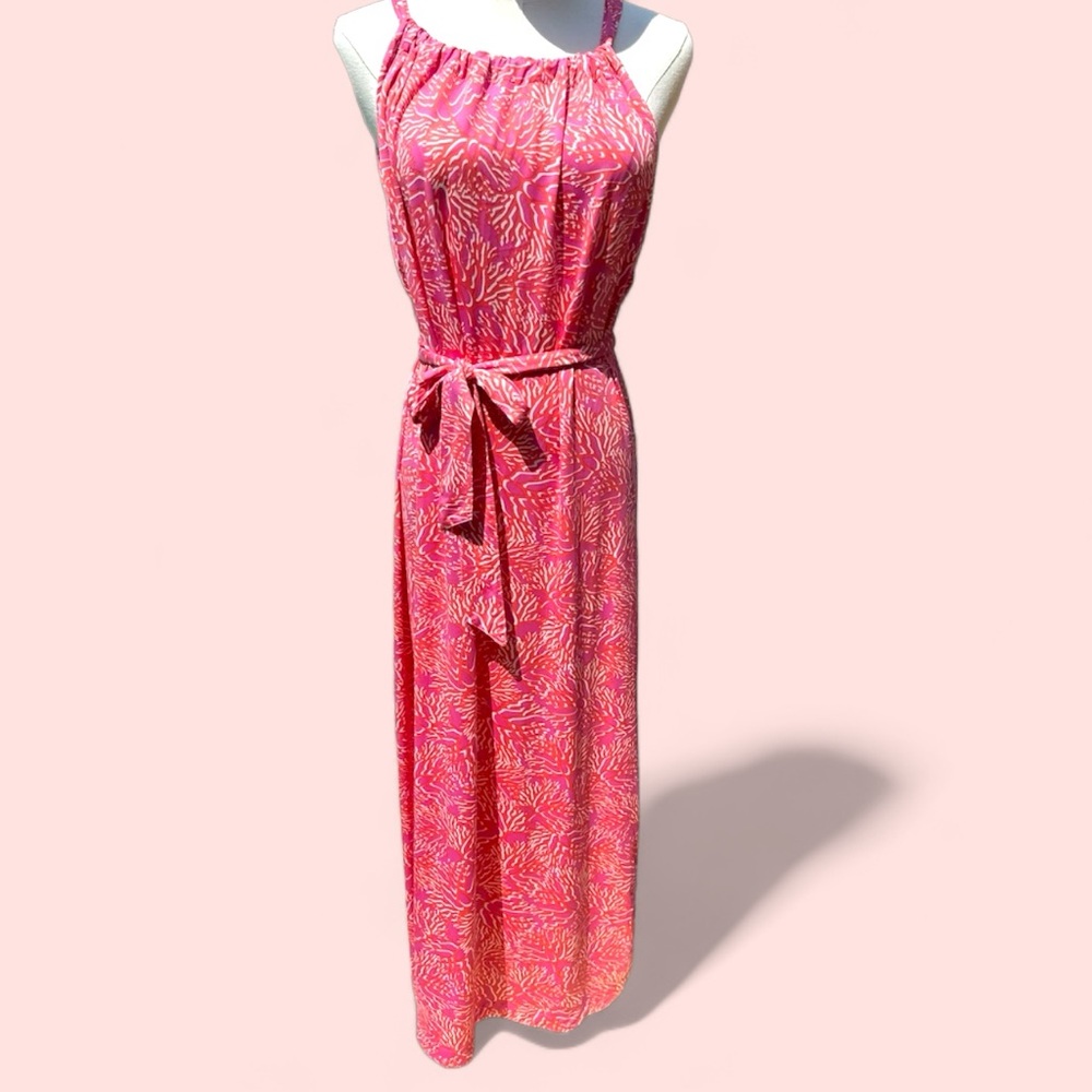 La Mer Luxe size Large pink coral adjustable straps with belt midi dress